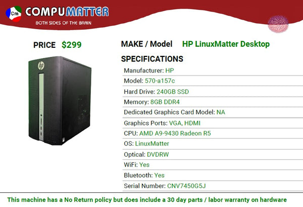 HP Desktop 240GB SSD / 8GB RAM / AMD A9-9430 CPU / LinuxMatter OS